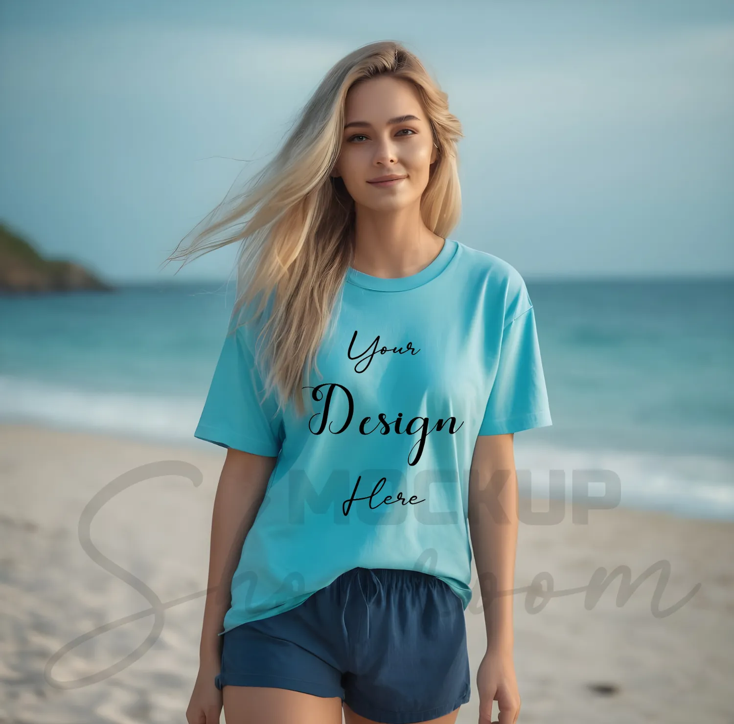 Women's Aqua Blue T-Shirt Mockup, Front View
