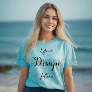 Women's Aqua Blue T-Shirt Mockup, Front View