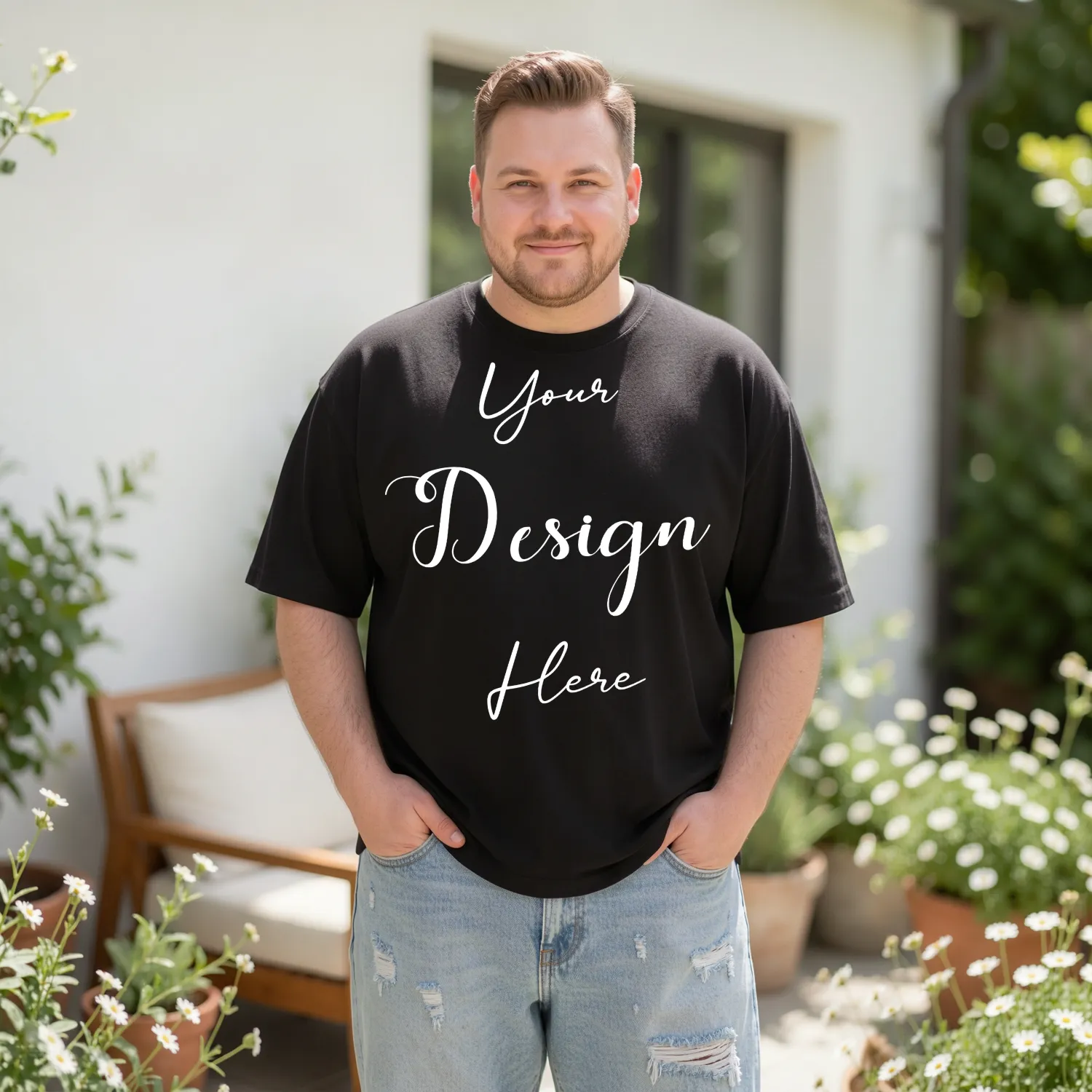 Mens Black Plus-size T-shirt Mockup, Front View