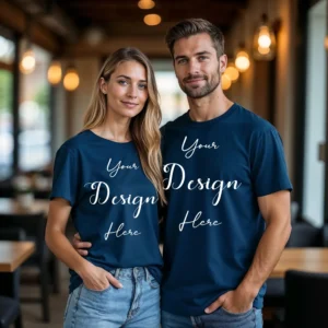 Couple Blue T-Shirt Mockup, Front View