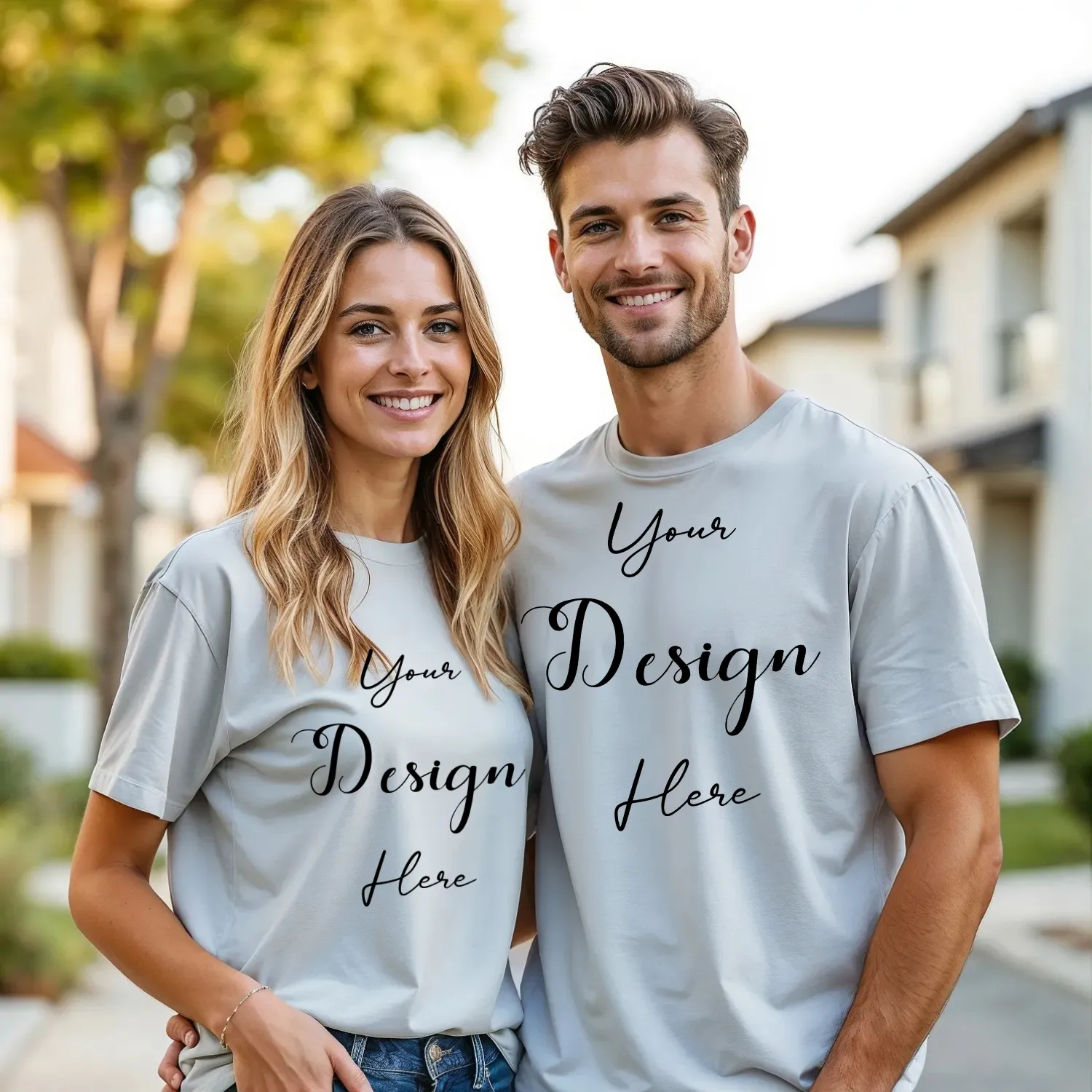 Couple Light Gray T-Shirt Mockup, Front View