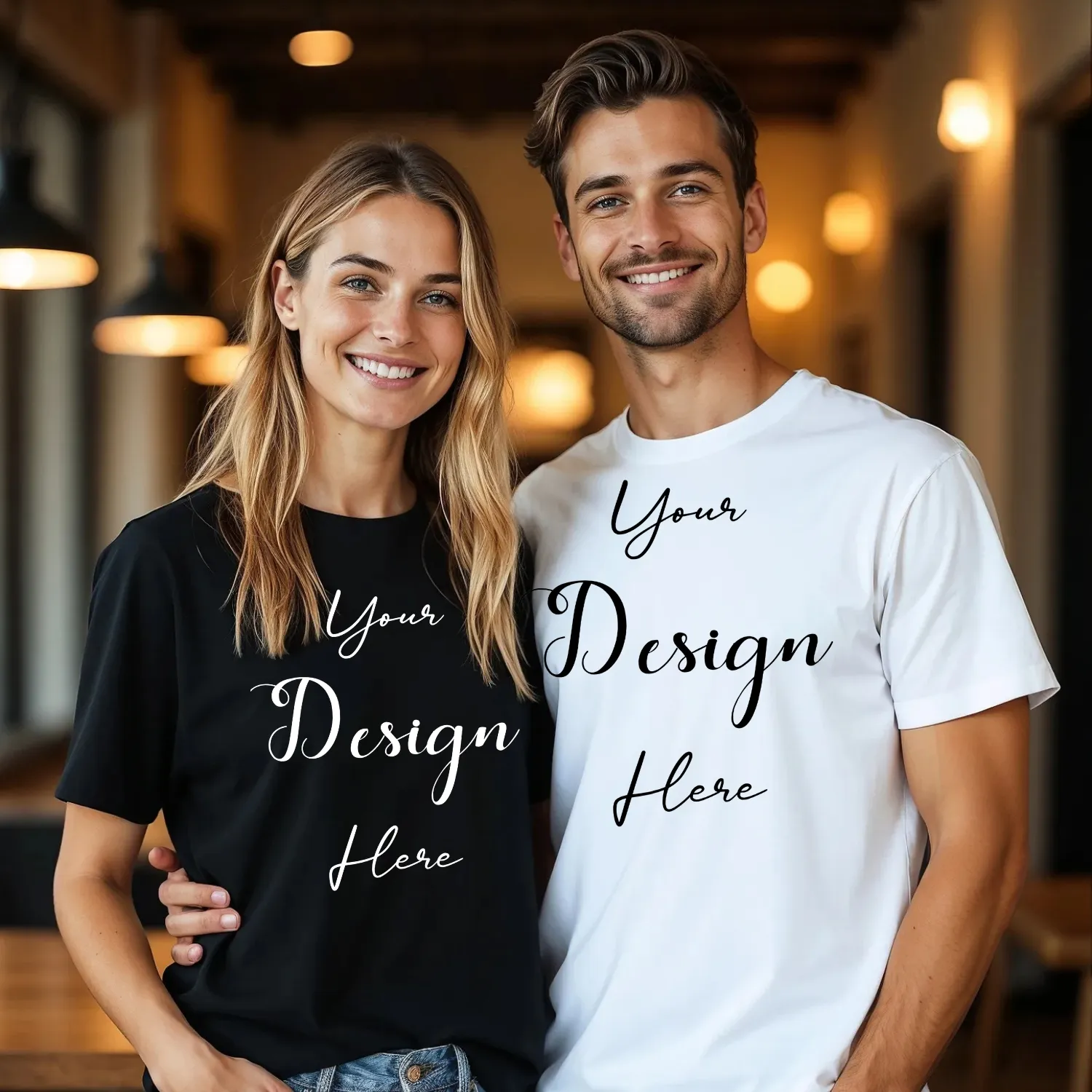 Couple White and Black T-Shirt Mockup, Front View