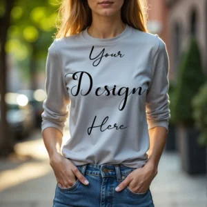 Womens Ash Gray Long Sleeve T-Shirt Mockup-5 | For Etsy, Shopify and POD Sellers