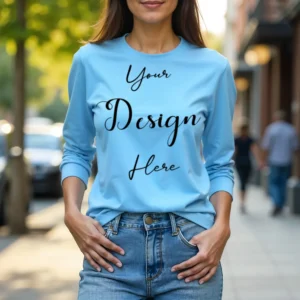 Womens Light Blue Long Sleeve T-Shirt Mockup-4 | For Etsy, Shopify and POD Sellers