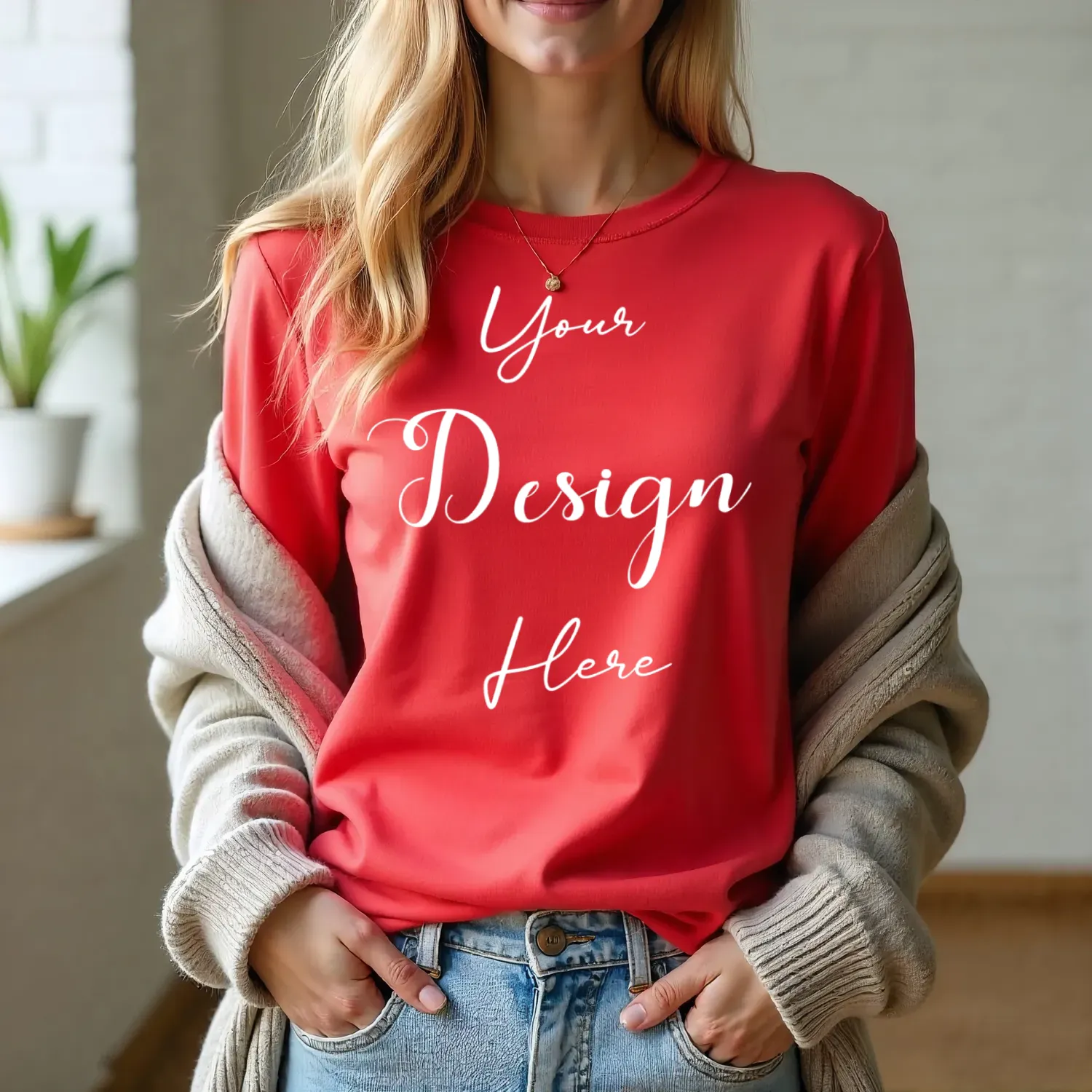 Womens Red Long Sleeve T-Shirt Mockup-4 | For Etsy, Shopify and POD Sellers