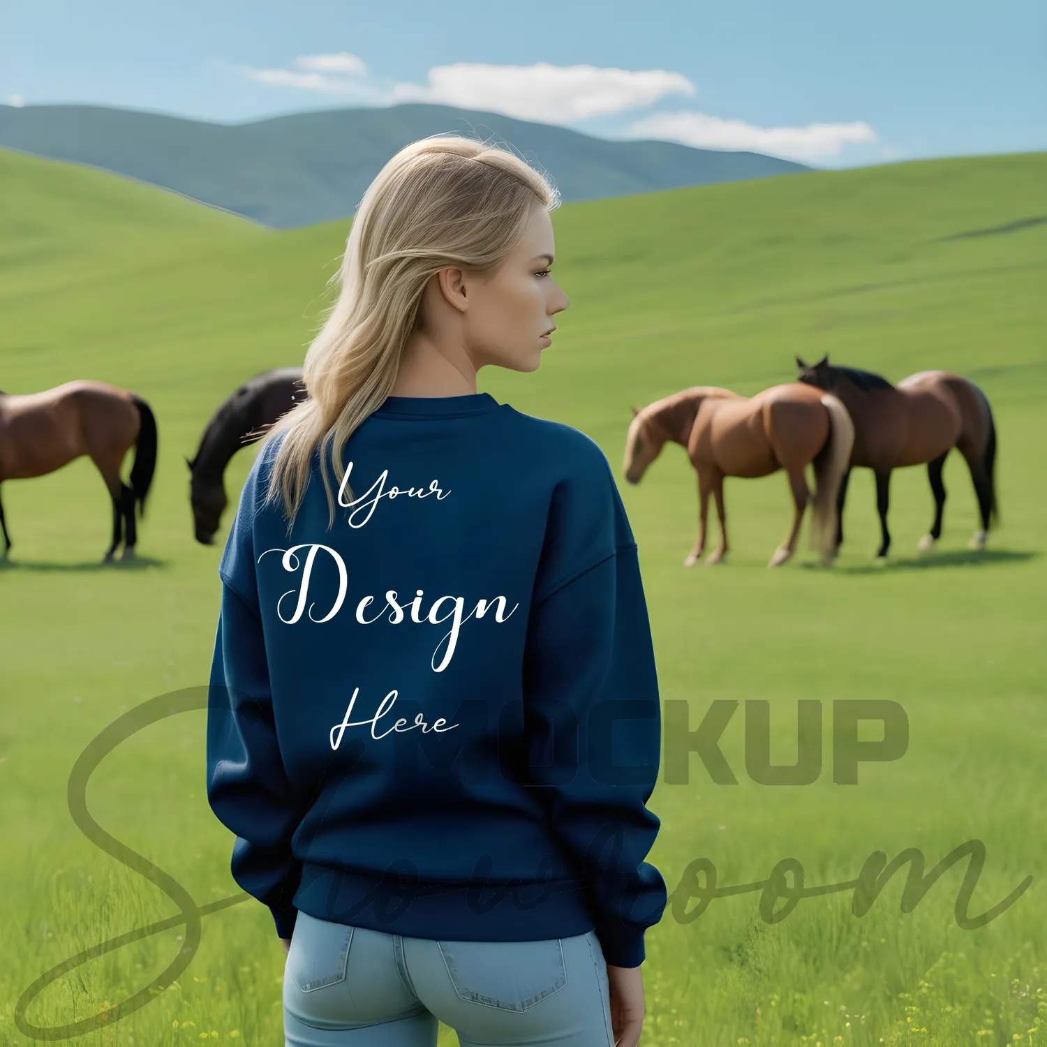 Womens Dark Blue Sweatshirt Mockup-3 Back View | For Etsy, Shopify and POD Sellers