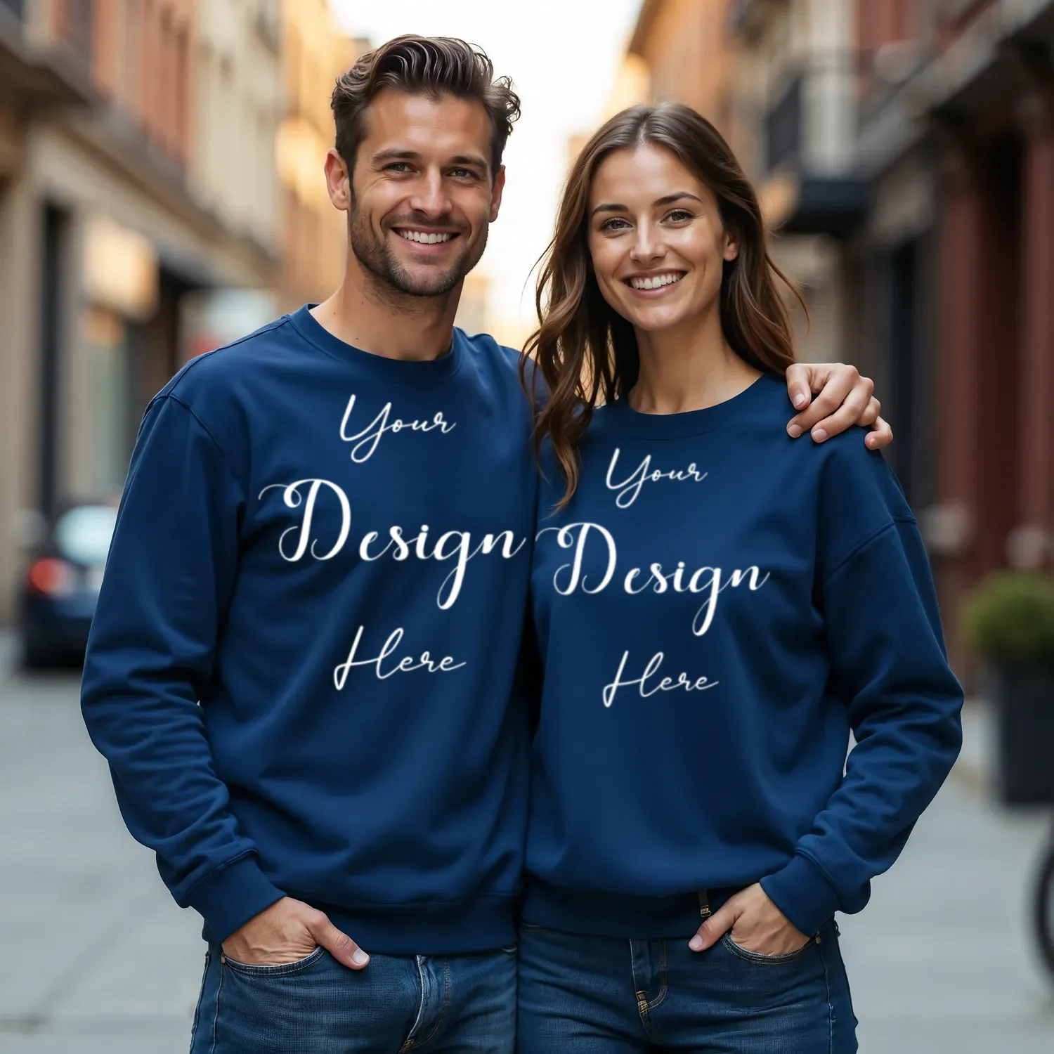 Couple Dark Blue Sweatshirt Mockup, Front View