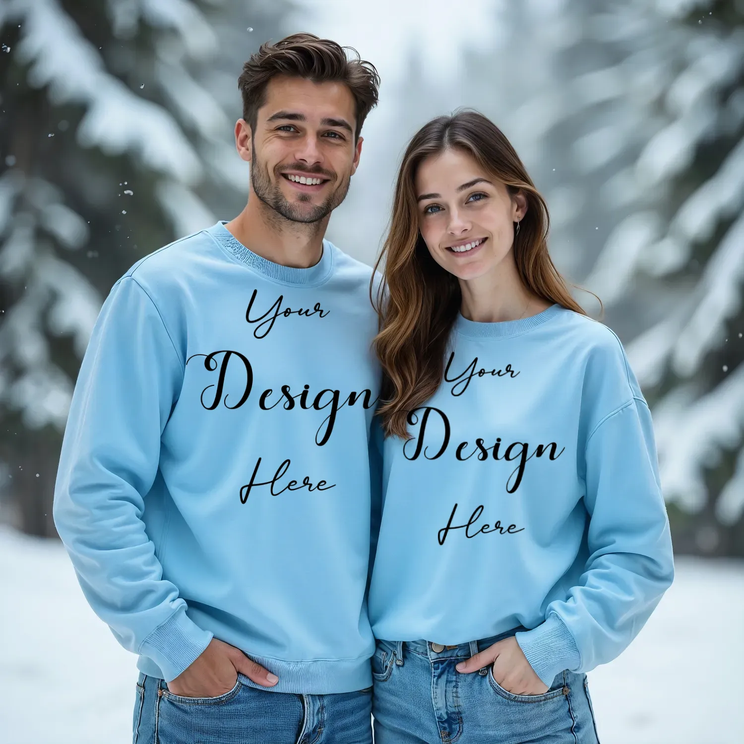 Couple Light Blue Sweatshirt Mockup, Front View