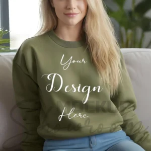 Womens Olive Sweatshirt Mockup-6 Front View | For Etsy, Shopify and POD Sellers