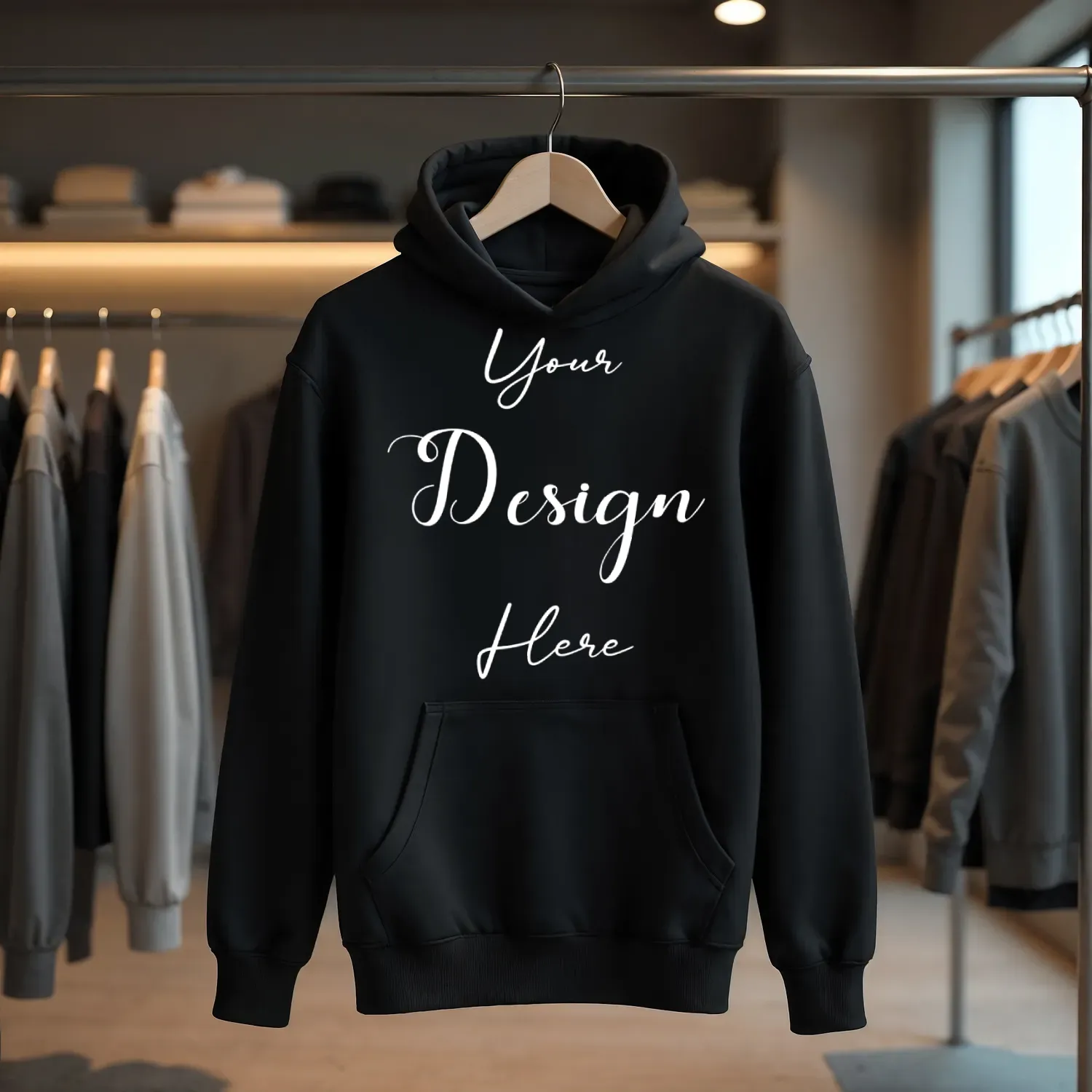 Black Hanging Hoodie Mockup, Front View