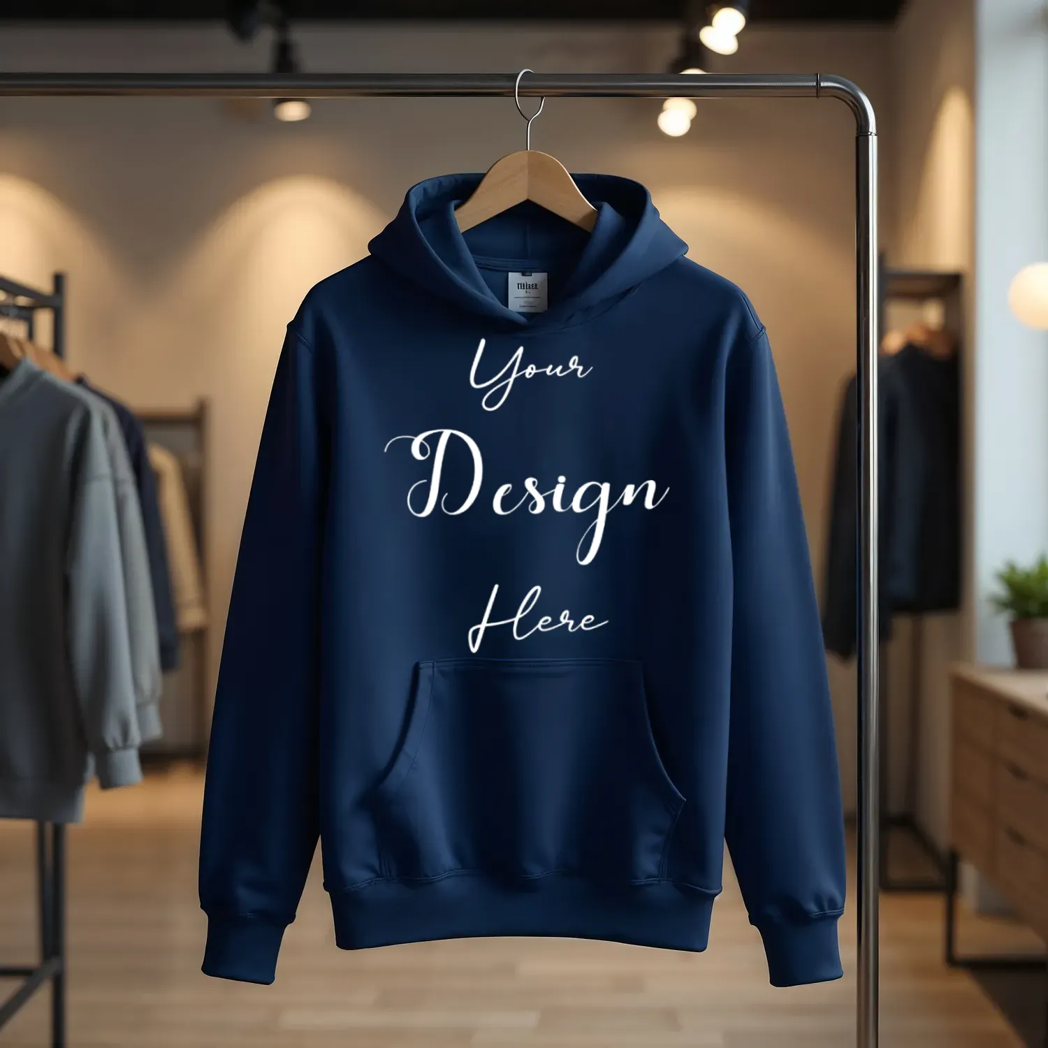 Dark Blue Hanging Hoodie Mockup, Front View