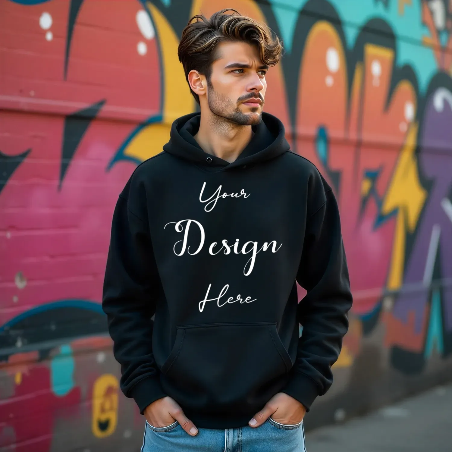 Mens Black Hoodie Mockup, Front View