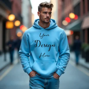 Mens Light Blue Hoodie Mockup, Front View