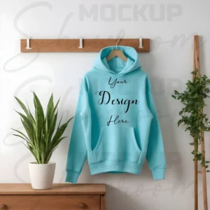 Light Blue Hanging Hoodie Mockup, Front View