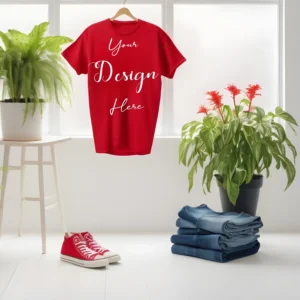Red Hanging T-Shirt Mockup, Front View