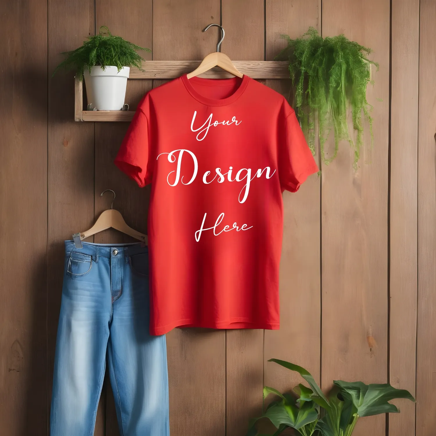 Red Hanging T-Shirt Mockup, Front View