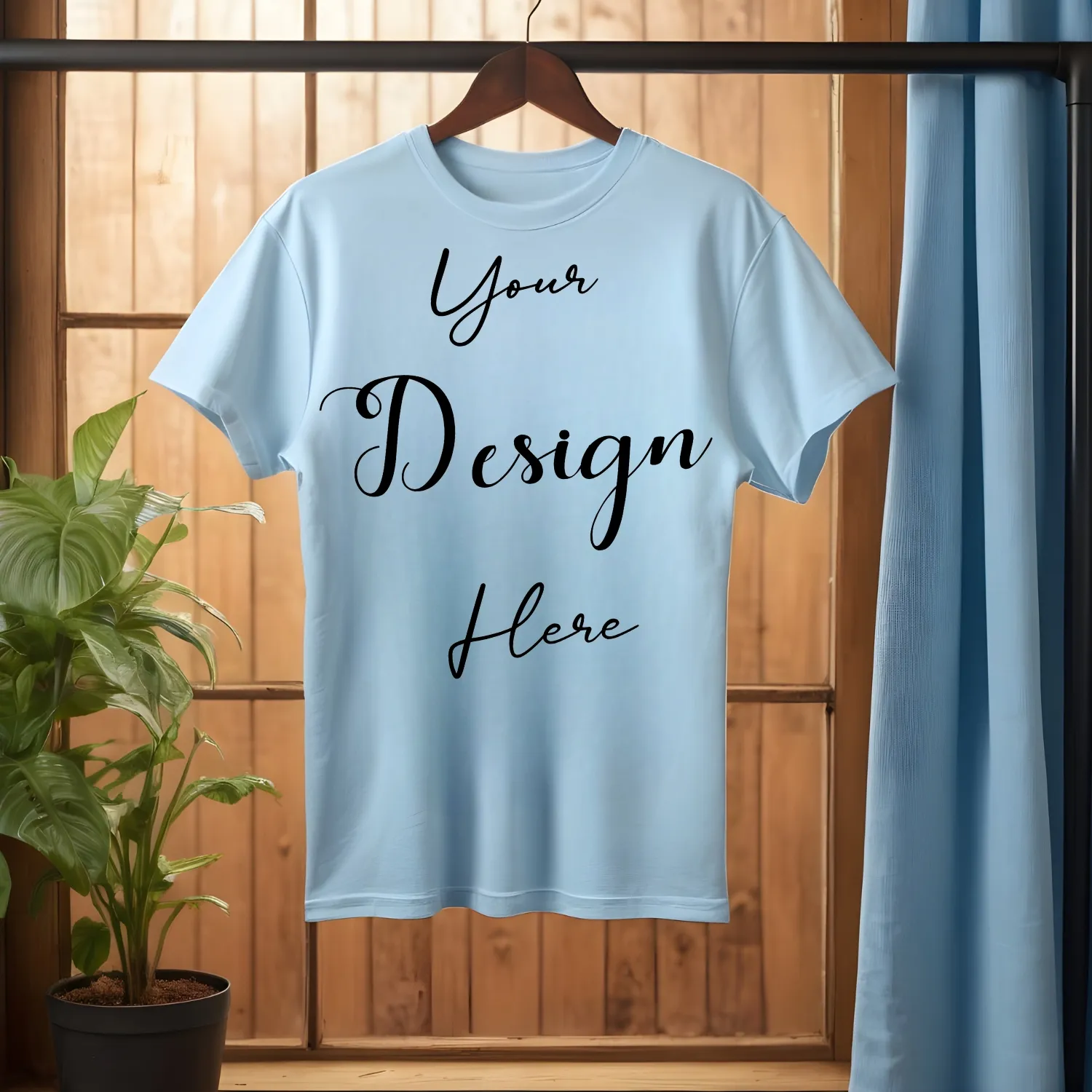 Sky Blue Hanging T-Shirt Mockup, Front View