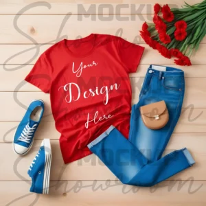 Red Flat Lay T-Shirt Mockup